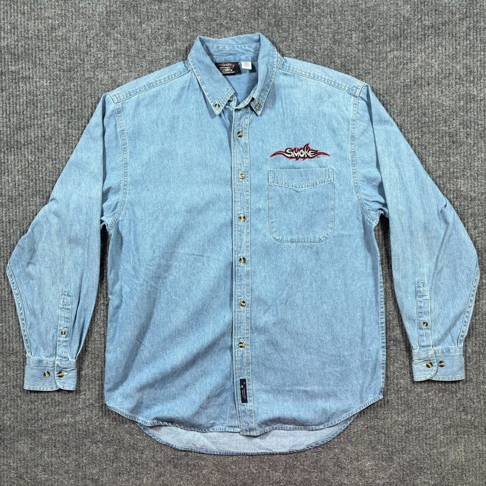 Smoke Mens Button Down Shirt M Blue Denim Embroidered Logo Casual Streetwear